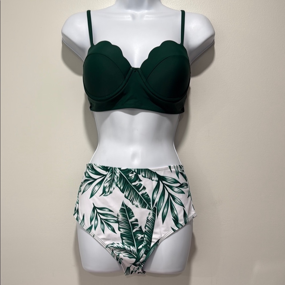 Green Scalloped Bikini Top with Leaf Print Bottoms